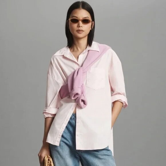 Anthropologie Maeve The Bennet Button down Shirt Cotton Light Pink L - Picture 3 of 4